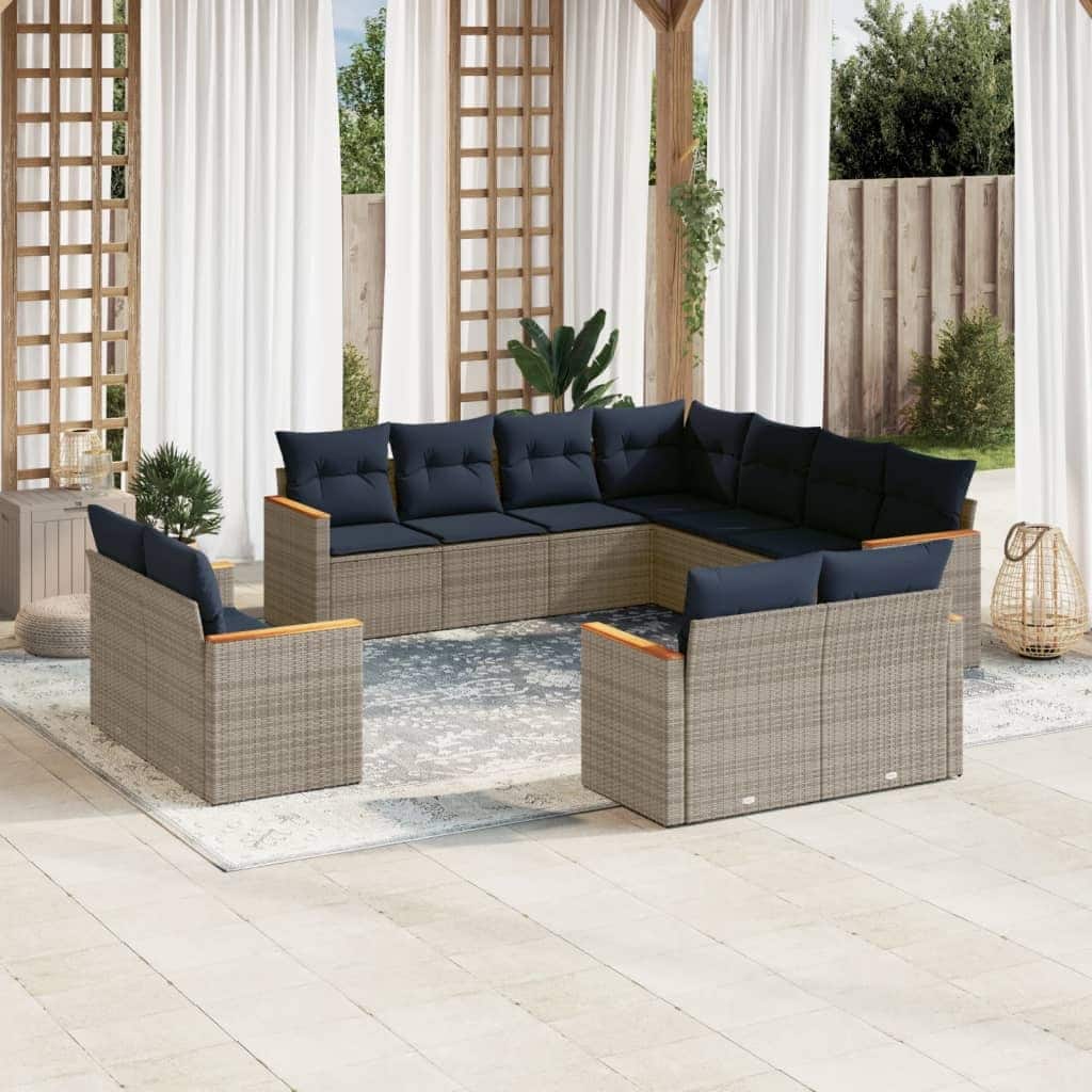 vidaXL 11/12 Piece Patio Sofa Set with Cushions Black/Gray Poly Rattan - 24.4 x 24.4 x 27.2