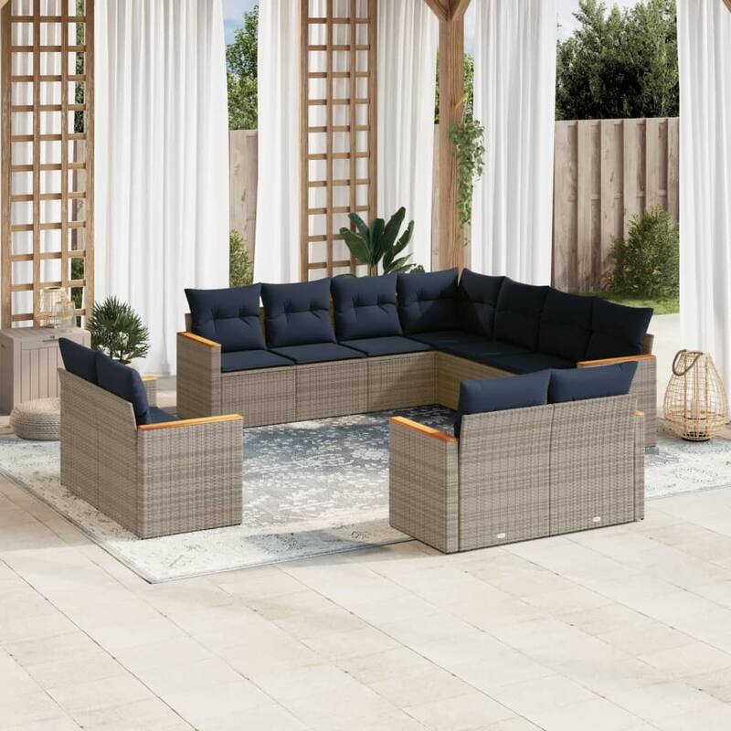 vidaXL 11/12 Piece Patio Sofa Set with Cushions Black/Gray Poly Rattan - 24.4 x 24.4 x 27.2 - Gray Without table