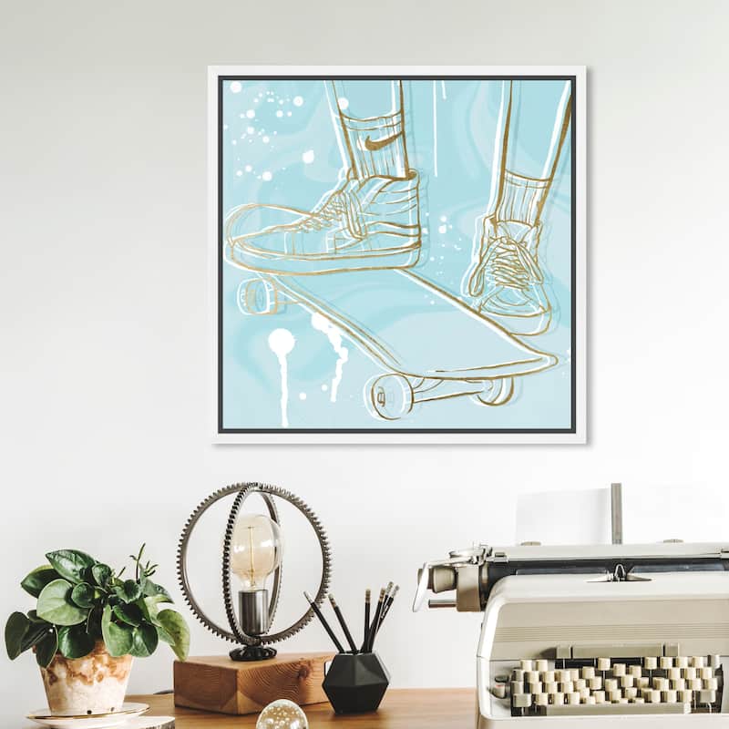 Oliver Gal 'Pastel and Gold Skateboard' Fashion Blue Wall Art Canvas ...