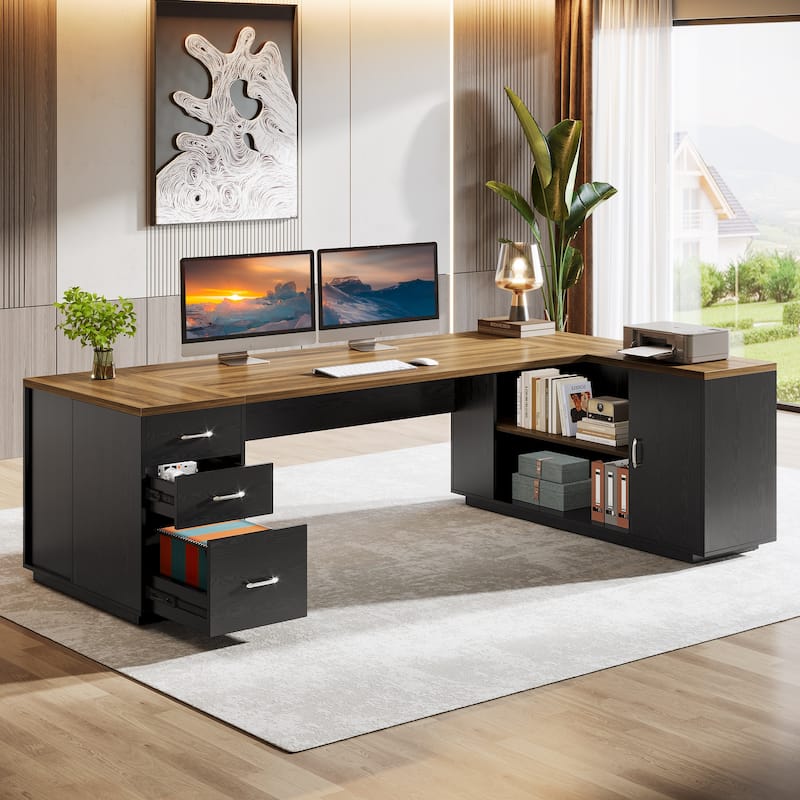 85.8" L-Shaped Executive Desk, Extra Large Office Desk with File Drawers