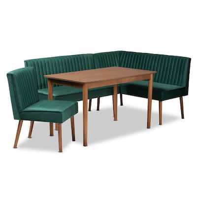 Alvis Mid-Century Emerald Green Velvet Upholstered Wood Dining Nook Set