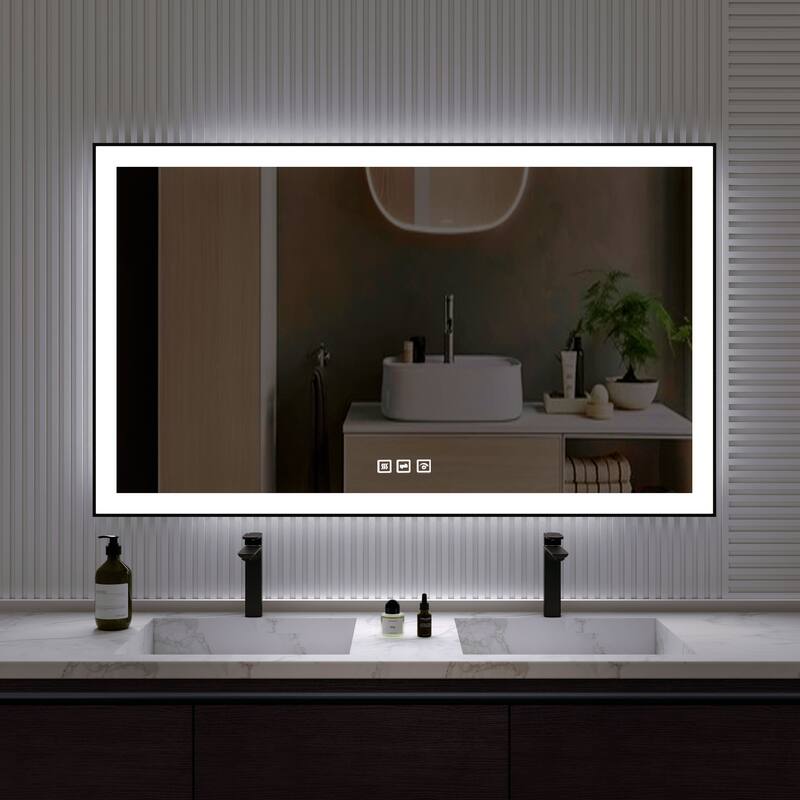 Organnice Rectangular Framed LED Anti-Fog Bathroom Wall Mirror in Black with Backlit and Front Light - 60"*36"