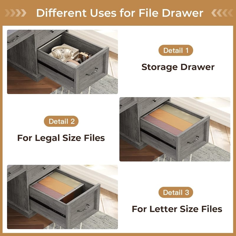 Executive Desk with Drawers Computer Desk with File Drawers Power Outlet LED Lights Storage Cabinet Monitor Shelf