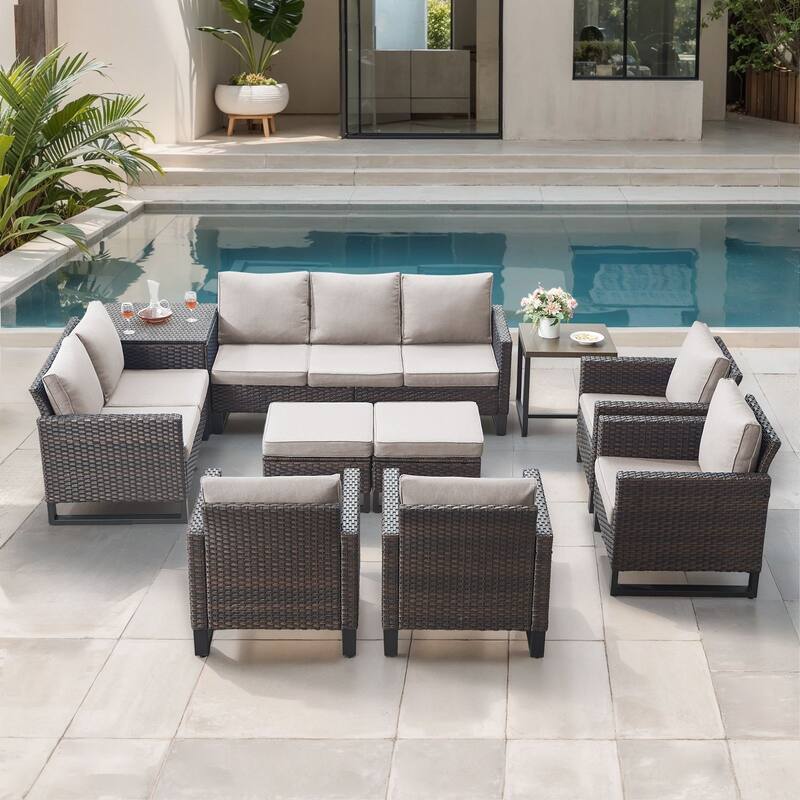 Gymojoy 9-11 Person All-Weather Wicker Outdoor Conversation Set Seating Group With lounge Chairs And Ottomans - Brown Wicker / Beige Cusion - 10-Piece