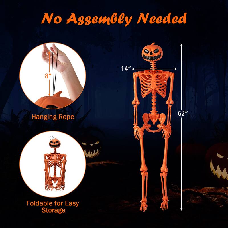 5.2 Ft Life-Size Posable Skeleton Halloween Orange Skeleton Decoration