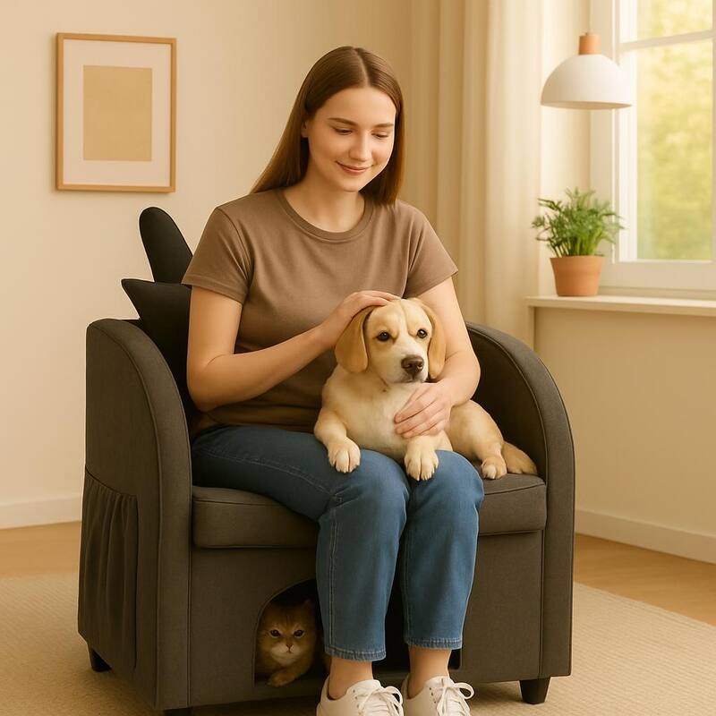 Velvet Bunny-Ear Pet-Friendly Armchair with Built-in Cat & Dog Hideaway, Plush Dual-Use Sofa Chair