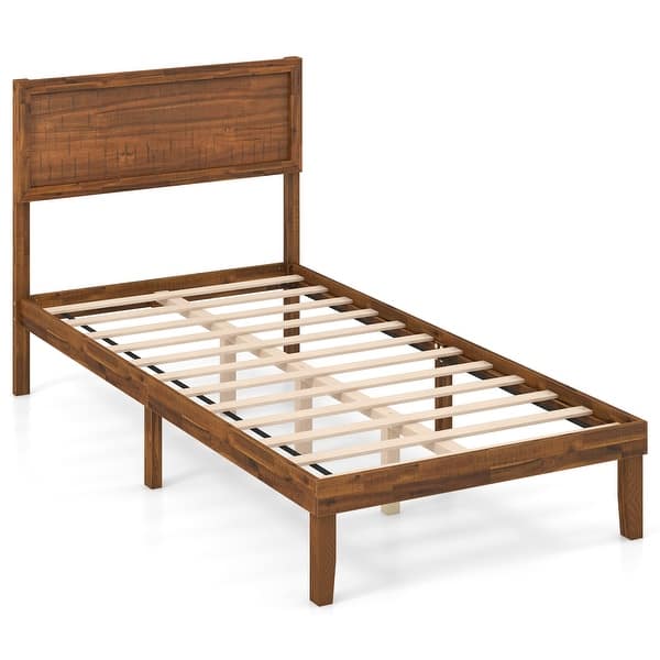 slide 2 of 7, Walnut Acacia Wood Twin Platform Bed Retro Headboard Storage Space Multicolor