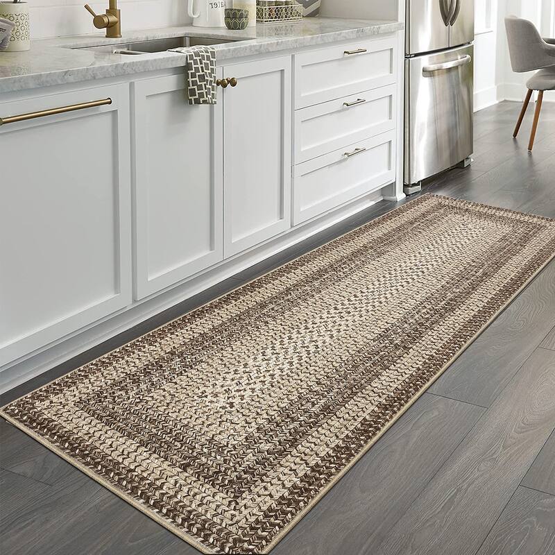 Washable Living Room Rugs Modern Braided Print Area Rug Border Design Accent Rugs for Bedroom Non-Slip Low Pile Area Rug - 2'x8' - Taupe