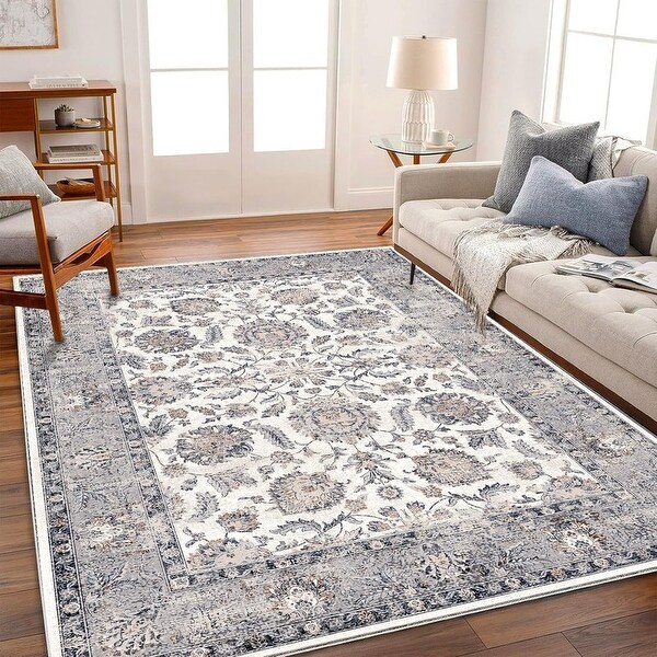 Washable Vintage Floral Area Rug Non-Slip Thin Rug for Living Room