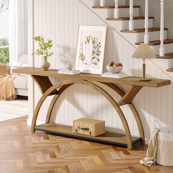 2-Tier Narrow Long Console Sofa Table with Semi-Circular