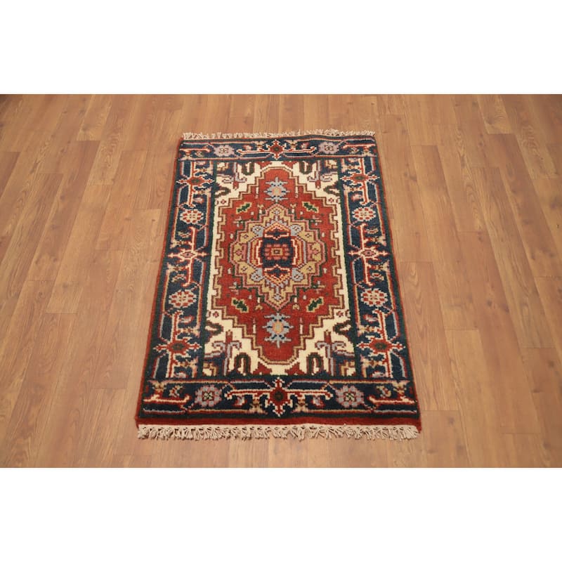 Hand Knotted Oriental 100% Wool Carpet Traditional Medallion Oranges & Rust Heriz (serapi) Area Rug - 3' 0'' X 2' 0''
