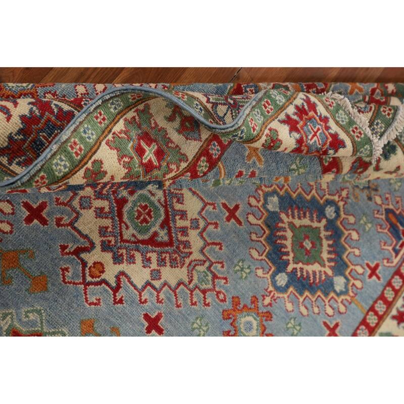 Light Blue Geometric Kazak Rug Living Room Hand-Knotted Wool Carpet - 5'0" x 6'7"