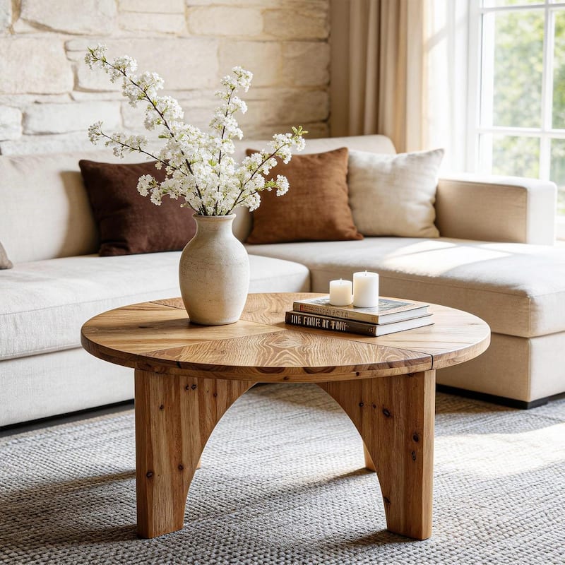 Solid End Table for Living Room, 23.6" Wood Side Table with Trapezoid Base - 31.49" L x 31.49" W x 19.68" H