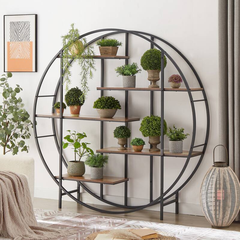 Round 5-Tier Metal Plant Stand bookcase storage rack, Indoor Living Room Terrace Garden Balcony Display Stand.