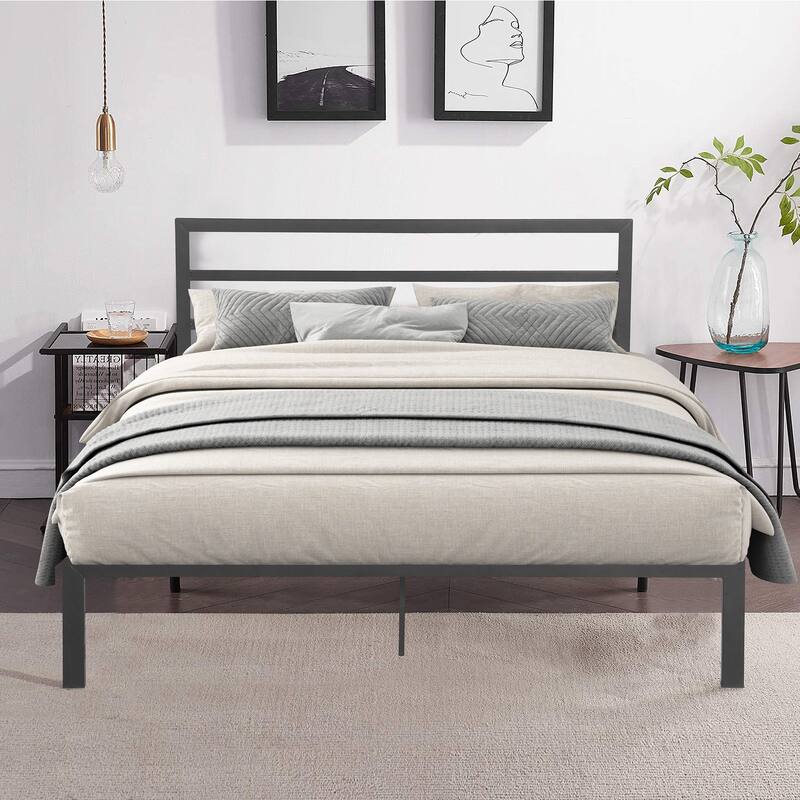 Queen Size Grey Metal Bed Frame with Headboard, Strong Metal Slats
