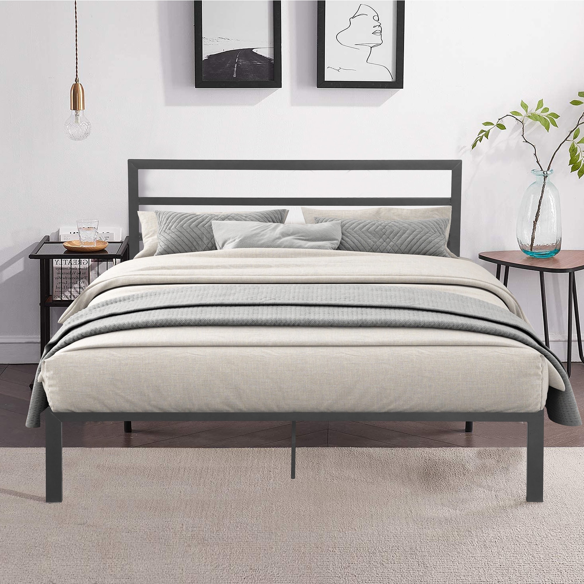 Queen Size Platform Metal Bed Frame with Headboard, No Box Spring