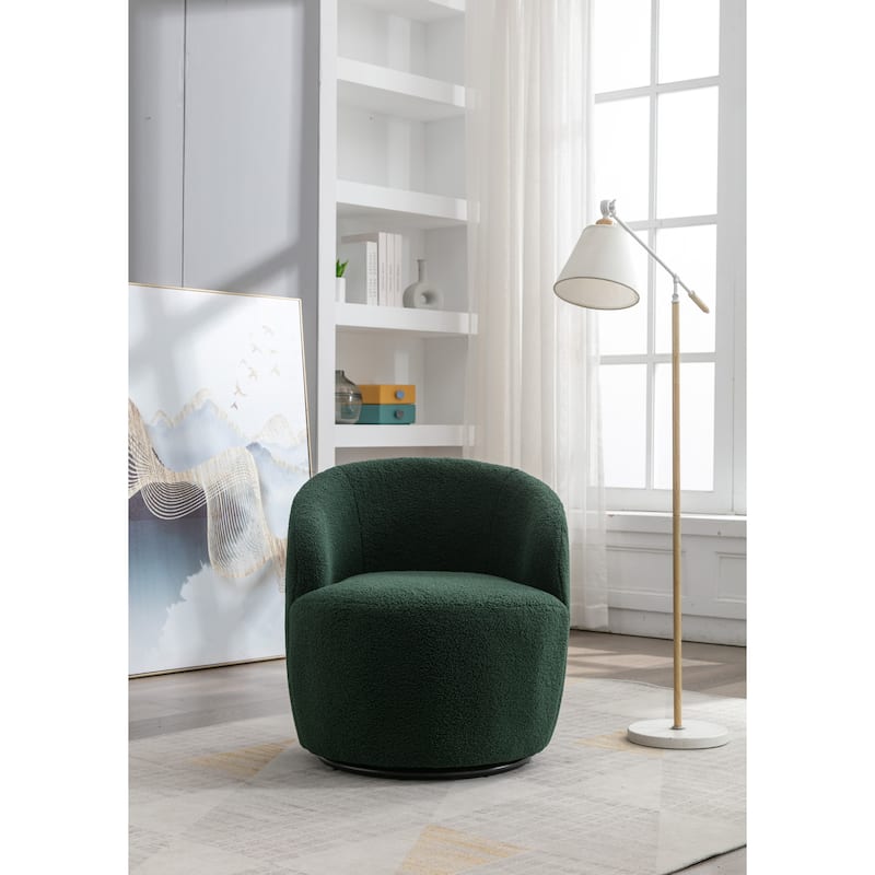 Teddy Fabric Swivel Barrel Chair, Round Upholstered Armchair, Small Single Sofa with Metal Ring for Living Room, Bedroom