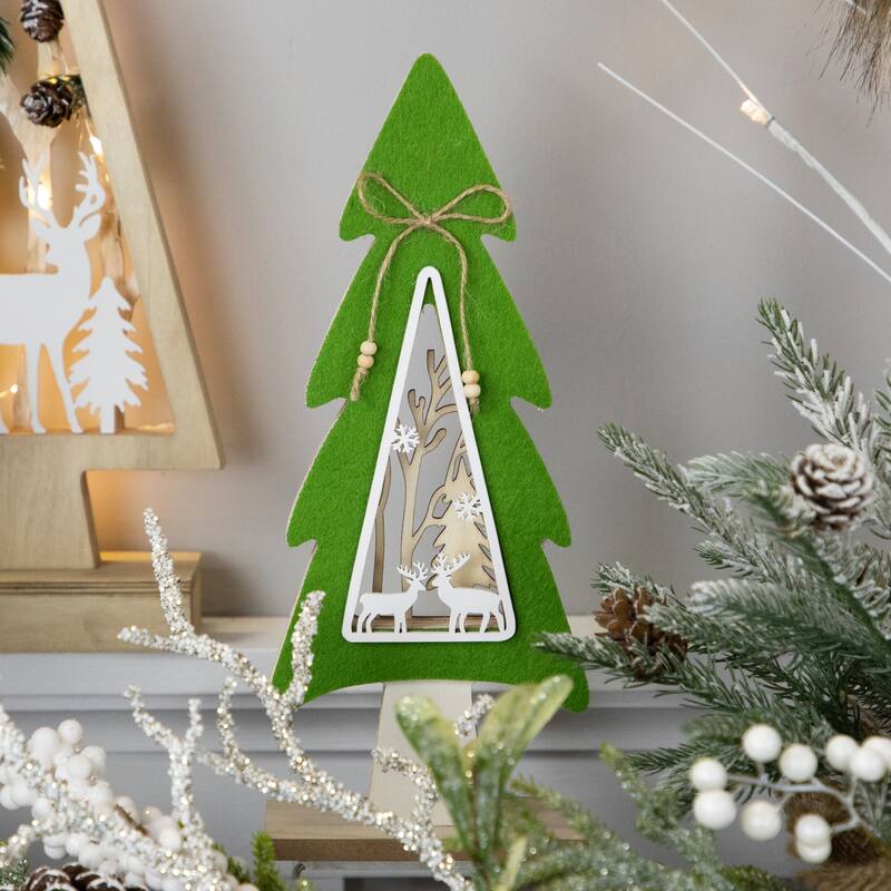 Woodland Tree with Reindeer Scene Wooden Christmas Decoration - 12"