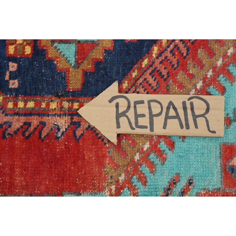 Hand Knotted Oriental 100% Wool Carpet Traditional Tribal Navy Blue & Blues Heriz Runner Rug - 9' 7'' X 3' 6''