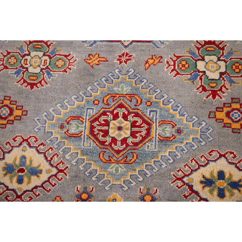 Gray Geometric Kazak Oriental Area Rug Hand-Knotted Wool Carpet - 4'11" x 6'10"