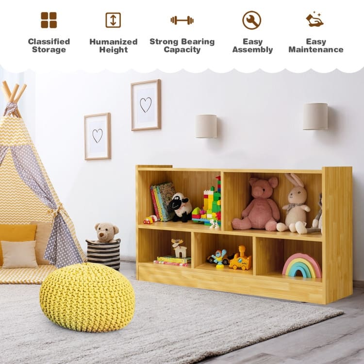 Children's Wooden Toy Storage Cabinet with 2 Shelves and 5 Cubes - 44" x 12" x 24" (L x W x H)