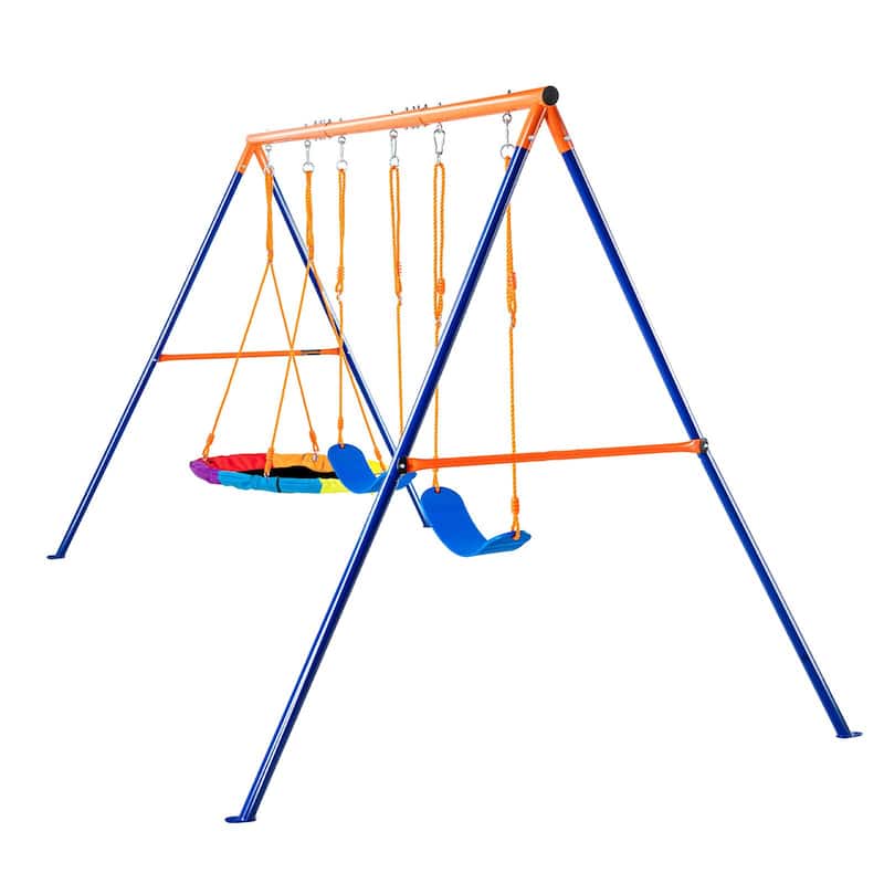 Swing Sets Included 1 Saucer 2 Belt Swing Seats with A-Shape Frame Metal Stand - 120"L x 72.01"W x 65"H