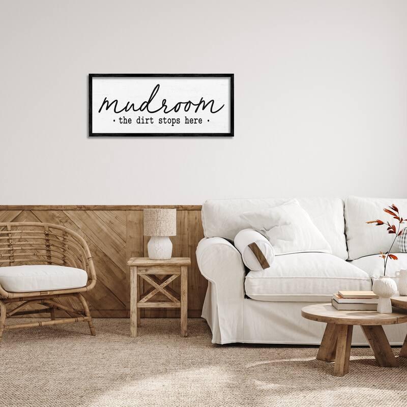 Stupell Dirt Stops Here Mudroom Sign Rustic Grain Pattern Framed Wall Art, Design by Lettered and Lined - White