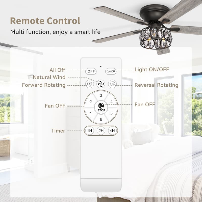 52" Flush Mount 5-Blade Modern Crystal Indoor Ceiling Fan with Light Kit and Remote