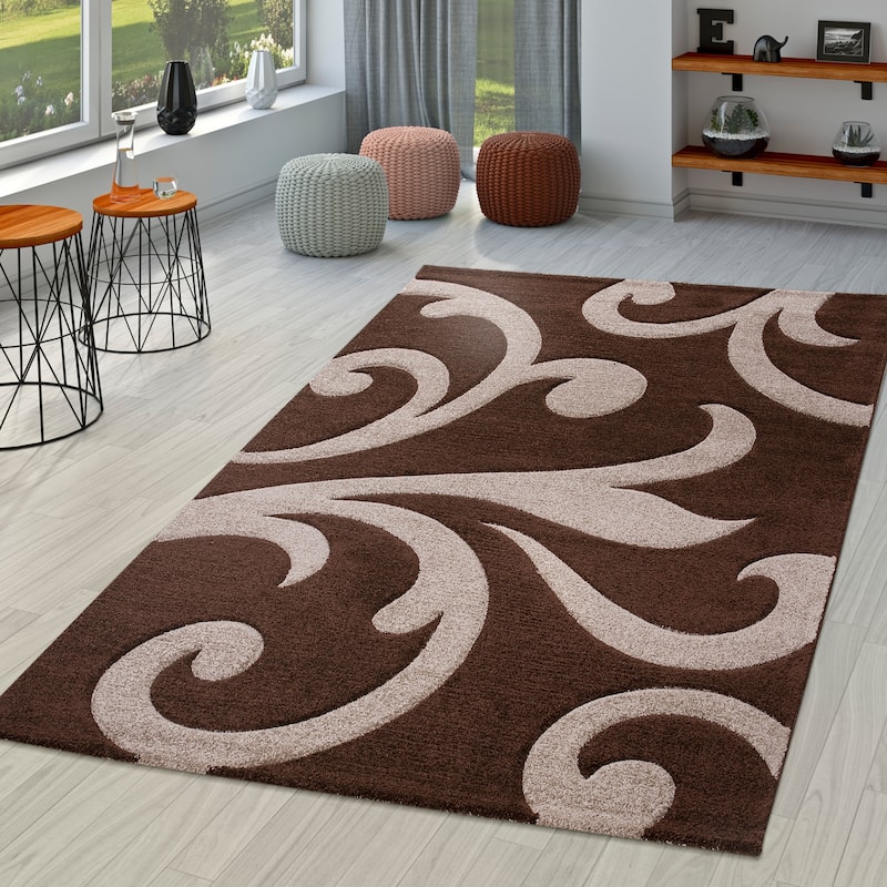 Modern Area Rug Floral Pattern with Contour Cut - 4'7" x 6'7" - dark-brown