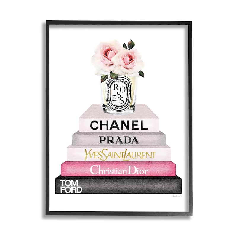 Stupell Book Stack Fashion Candle Pink Rose Framed Wall Art
