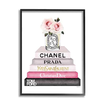 Stupell Book Stack Fashion Candle Pink Rose Framed Wall Art