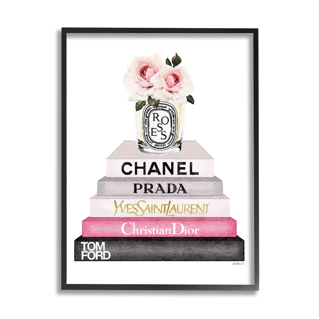 Stupell Book Stack Fashion Candle Pink Rose Framed Wall Art