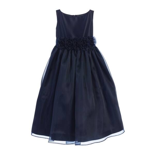 Shop Big Girls Navy Satin Organza Flower Adorned Christmas Dress 7 16 Overstock 21469410