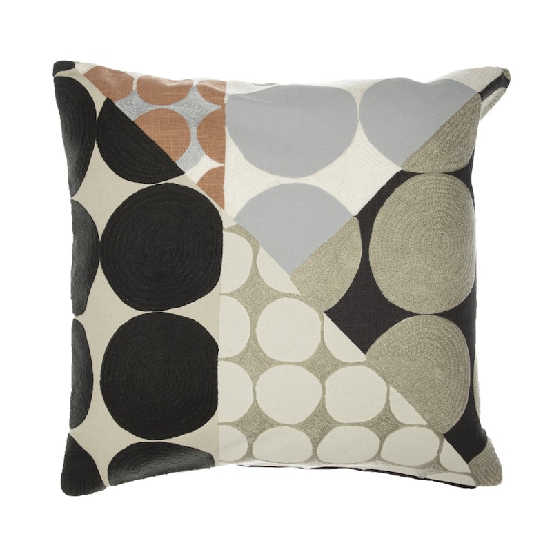 HomeRoots 20" Beige and Black Geometric Cotton Throw Pillow With Embroidery