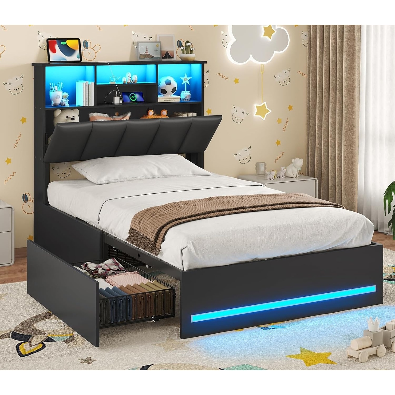 Twin Bed Frame with Bookcase Headboard, Charging Station, 4 Storage Drawers, LED Lights, No Box Spring Needed