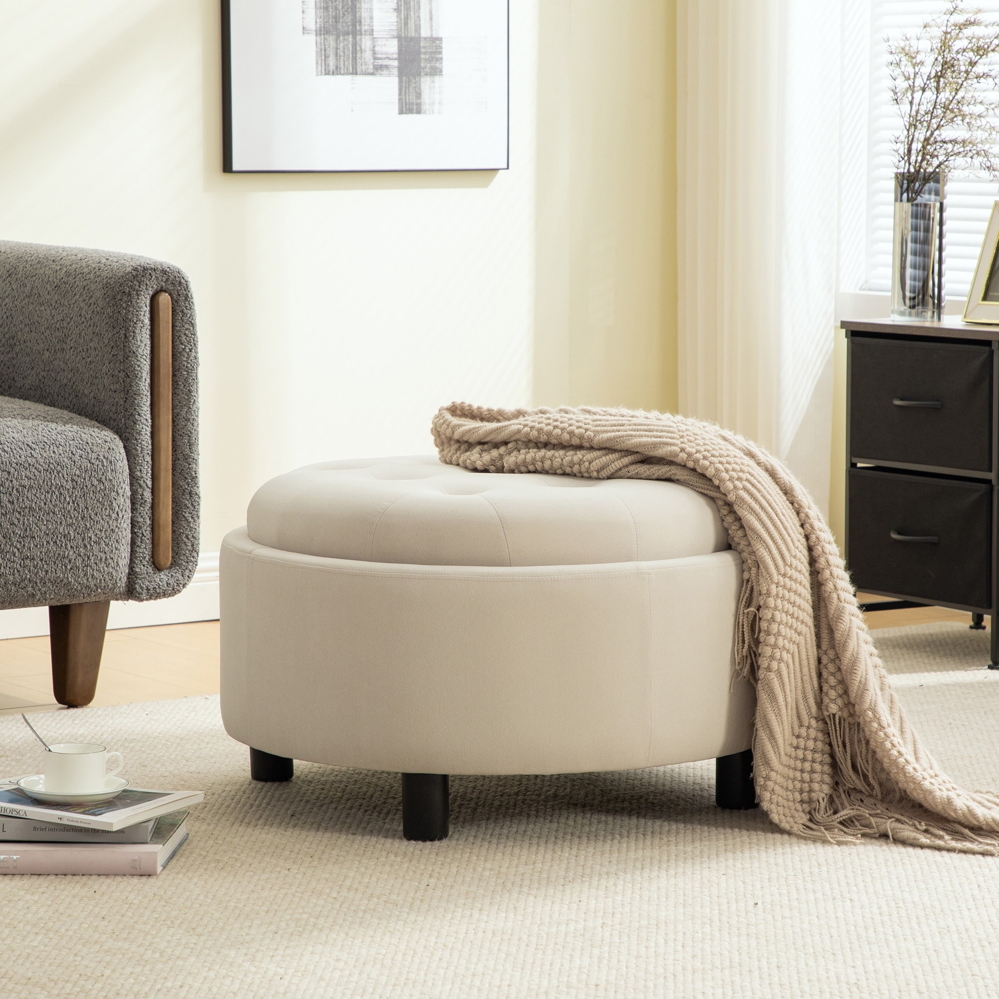 29.33"W Upholstered Round Ottoman With Reversible Lid,Fleece Fabric Storage Stool,Hand-pulled buckle decoration Design Footstool