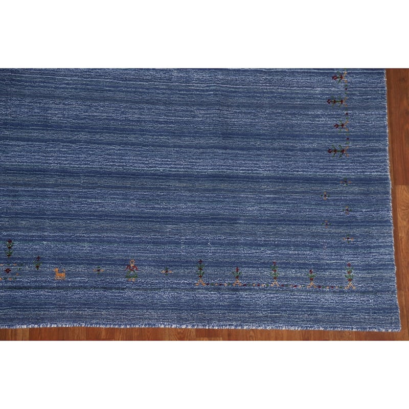 Striped Blue Gabbeh Indian Area Rug Handmade Wool Carpet - 8'0"x 9'8"
