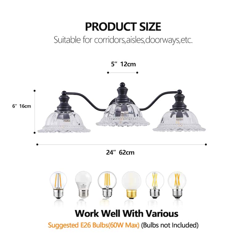 24" 3-Light Black Vintage Vanity - Glass - Bathroom Bedroom(Bulb Not Included)
