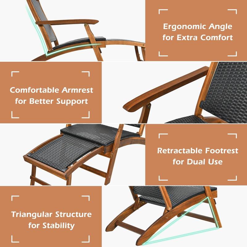 Patio Rattan Folding Lounge Chair with Acacia Wooden Frame Retractable Footrest - 24" x 51.5" x 32.5"(L x W x H)