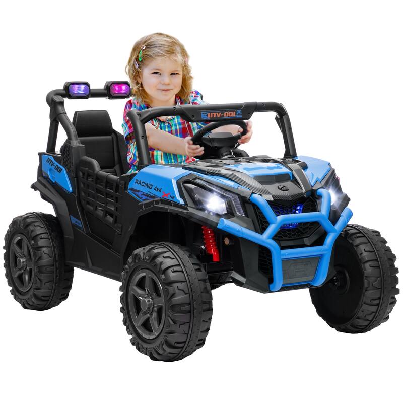 Qaba 24V Dual Motor Kids Ride-On Car, 2 Seater, Parental Remote, 3 Speed, LED Lights, White - Blue