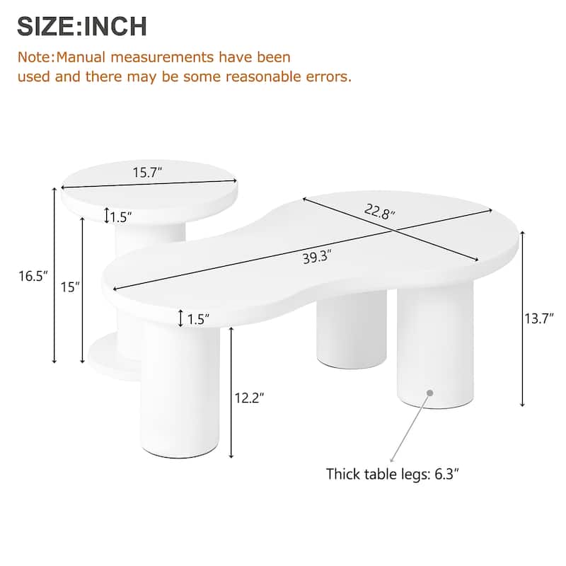 Roomfitters Modern Cloud Nesting Coffee Table Set, Irregular Center Table with Thick Legs and Round Accent Side Table, White