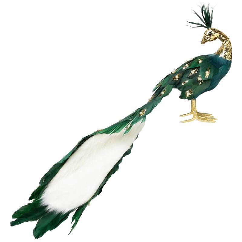 Glittered Peacock with Faux Pearls Christmas Decoration - 22" - Green