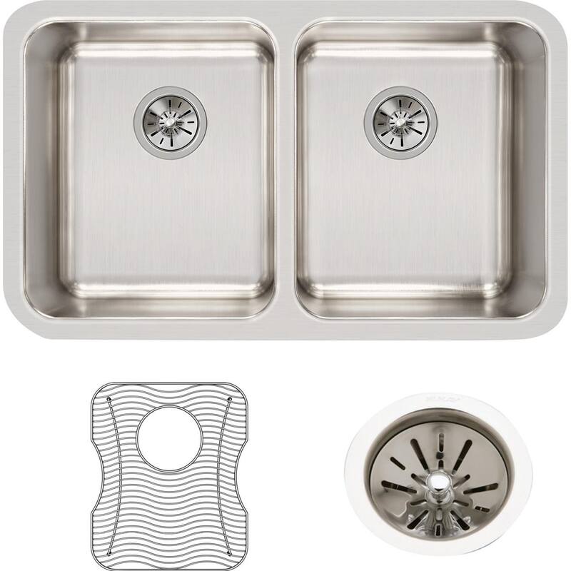 Elkay Lustertone Classic Stainless Steel 30-3/4" x 18-1/2" x 10", Equal Double Bowl Undermount Sink Kit