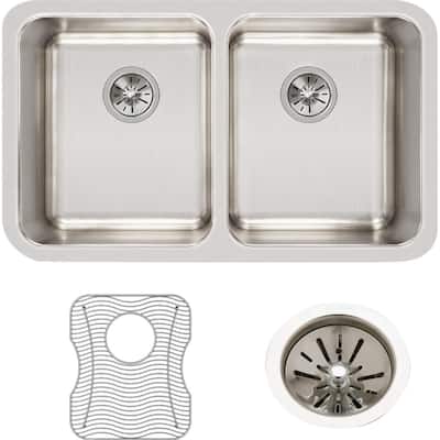 Elkay Lustertone Classic Stainless Steel 30-3/4" x 18-1/2" x 10", Equal Double Bowl Undermount Sink Kit