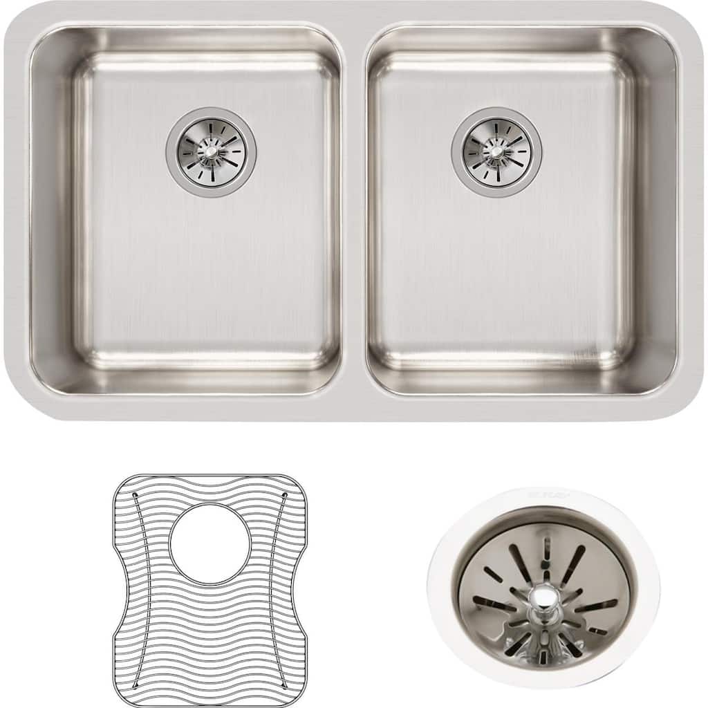 Elkay Lustertone Classic Stainless Steel 30-3/4" x 18-1/2" x 10", Equal Double Bowl Undermount Sink Kit