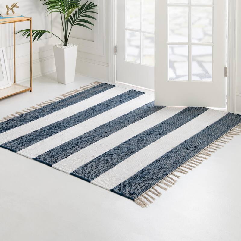 Solid/Striped Emaburn Collection Area Rug - 7'10" Square - Navy Blue