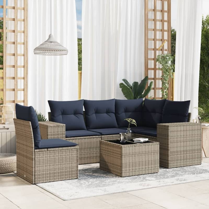vidaXL Patio Sofa Set with Cushions Outdoor Conversation Furniture Poly Rattan - 24.4 x 24.4 x 27.2 - Grey-With table