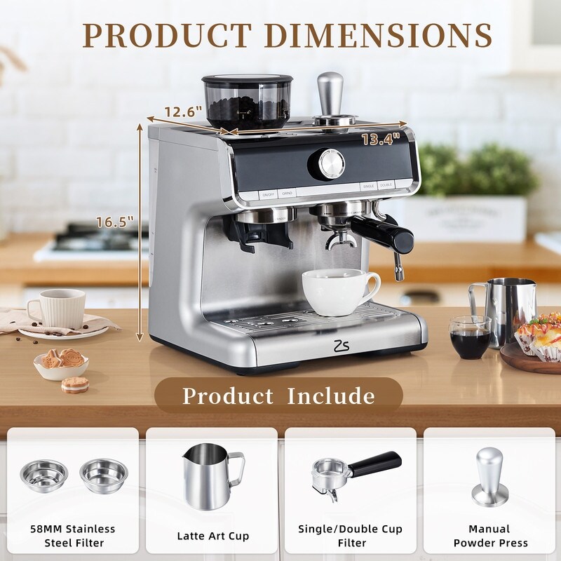 Espresso Machine with Grinder and Milk Frother Steam Wand Silver