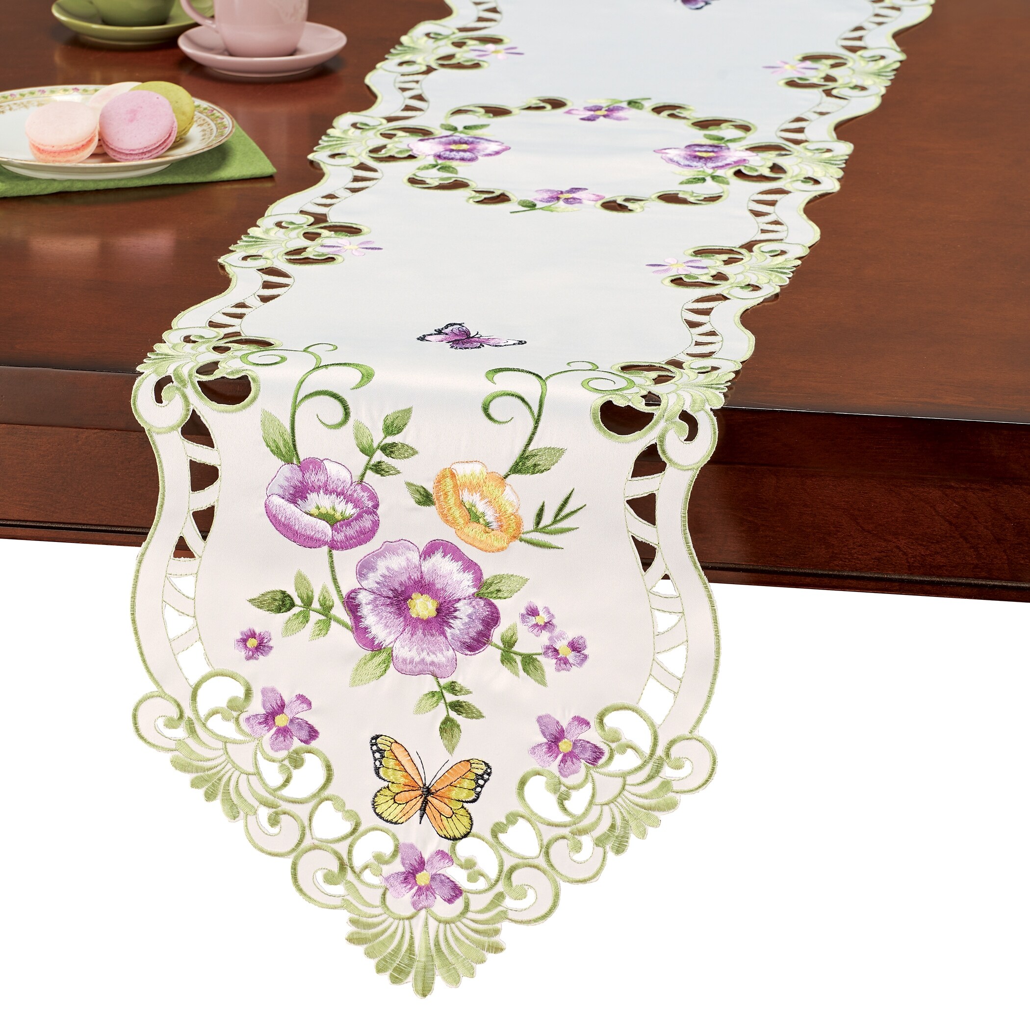Butterfly Floral Embroidered Cutout Border Table Linens On Sale Bed