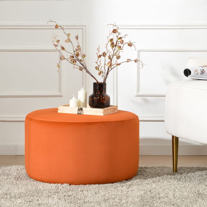 KINWELL Round Upholstered Pouf Ottoman Footrest - 24'x 24'x 13' - Velvet Rust 24"